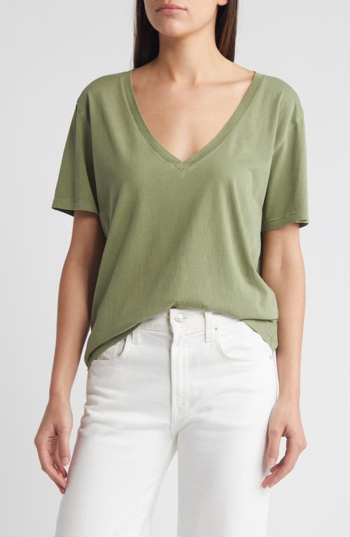 Oversize V-Neck Cotton T-Shirt in Olive Acorn