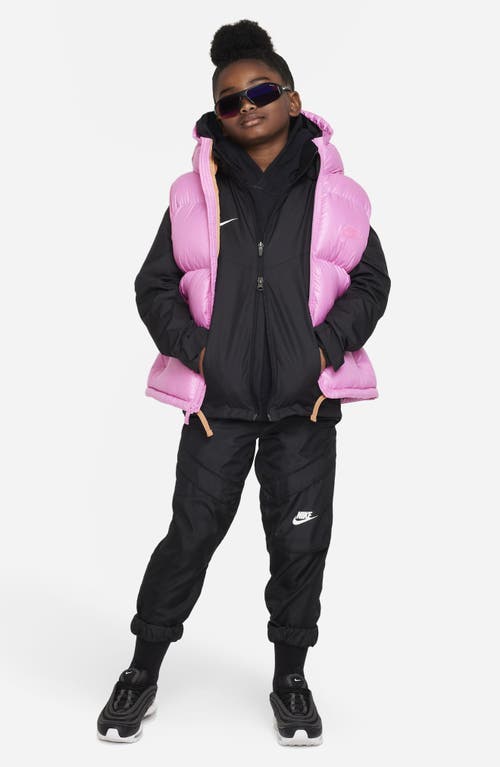 Shop Nike Kids' Water Repellent Therma-fit Hooded Puffer Vest In Playful Pink/brown/pinksicle