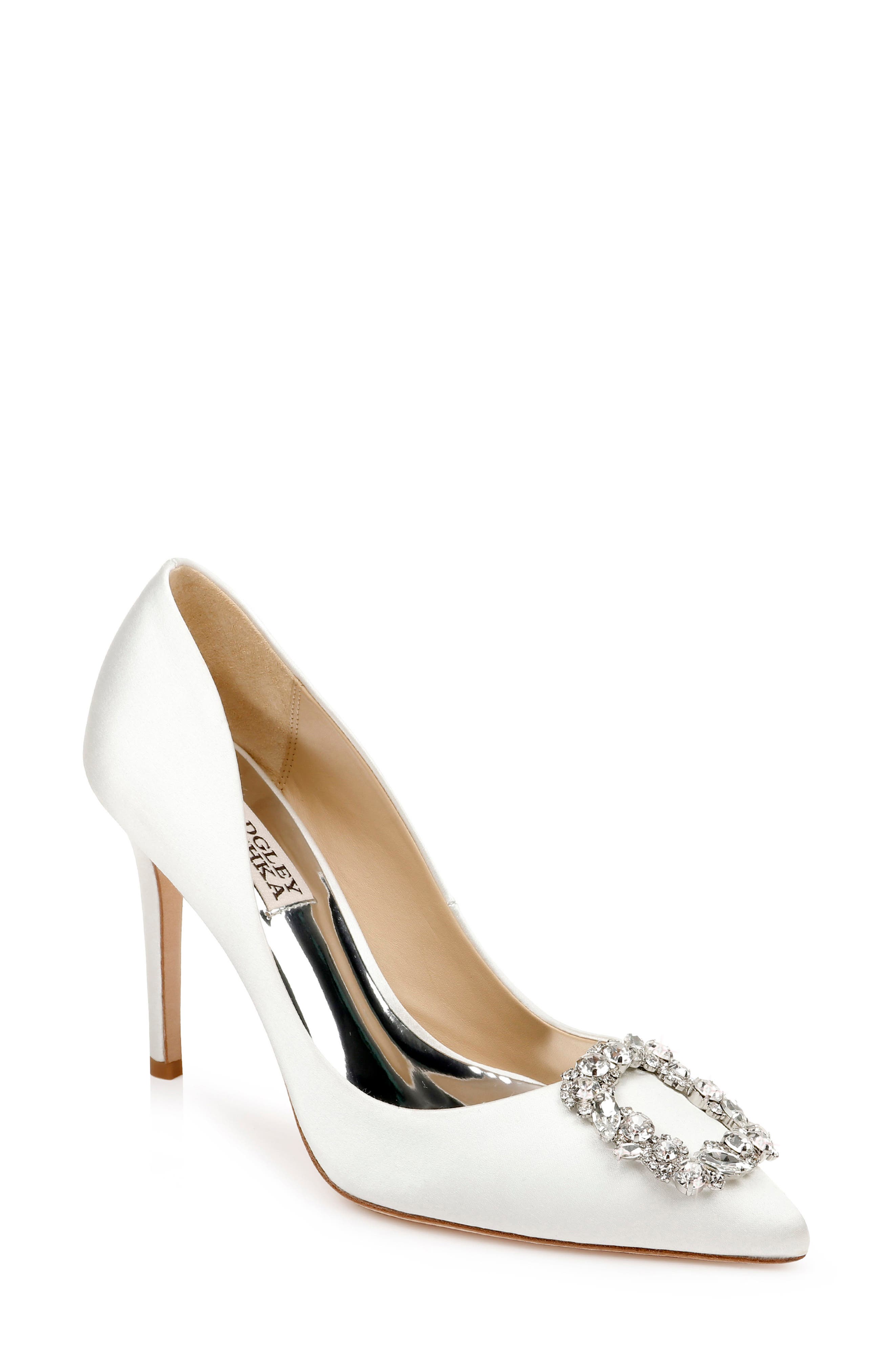 Badgley Mischka Collection Cher Crystal Embellished Pump in Soft White Satin