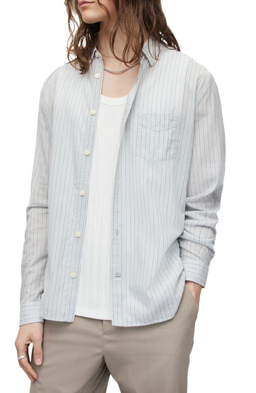 AllSaints Formentera Pinstripe Cotton Blend Button-Up Shirt Light Grey at Nordstrom,