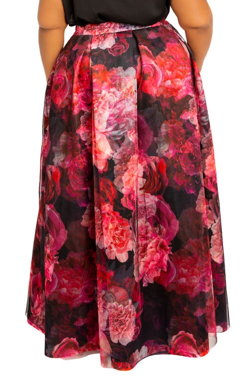 Shop Buxom Couture Floral Print Scuba Knit & Organza Maxi Skirt In Black Multi