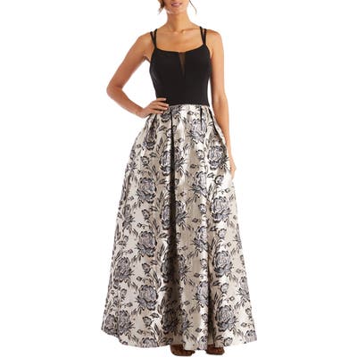 Morgan & Co. Illusion Inset Brocade Ballgown, Black