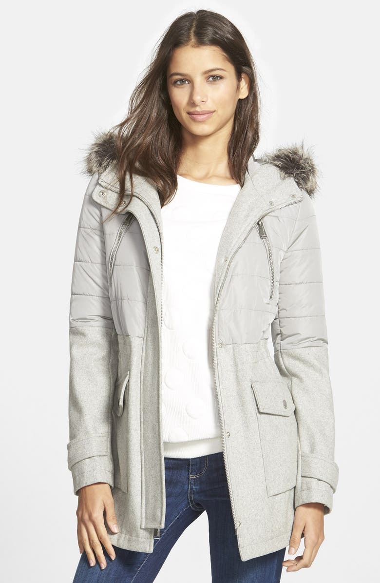 BCBGeneration Faux Fur Trim Hooded Mixed Media Coat (Online Only ...