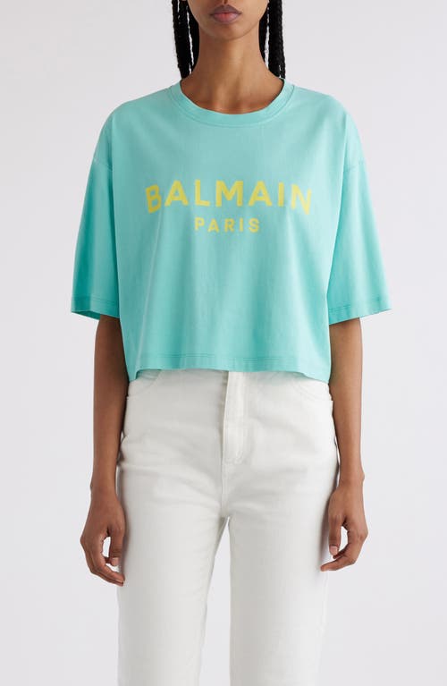 Shop Balmain Logo Crop Cotton Graphic T-shirt In Ukf Pale Green/multi