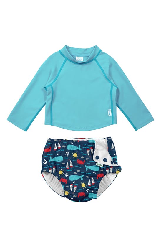 Green Sprouts Long Sleeve Rashguard & Reusable Swim Diaper Set In Navy Nautical Whale