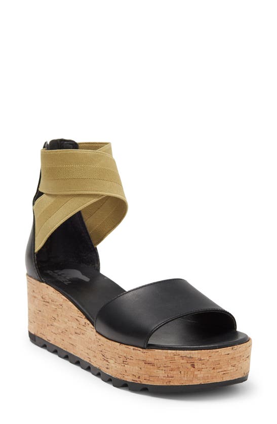 Sorel Cameron Flatform Ankle Strap Sandal In Black/ Olive Shade