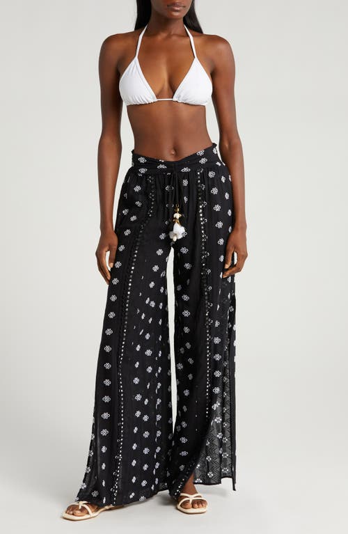 Ramy Brook Tassel Tie Vented Wide Leg Cover-Up Pants Black/White Combo at Nordstrom,