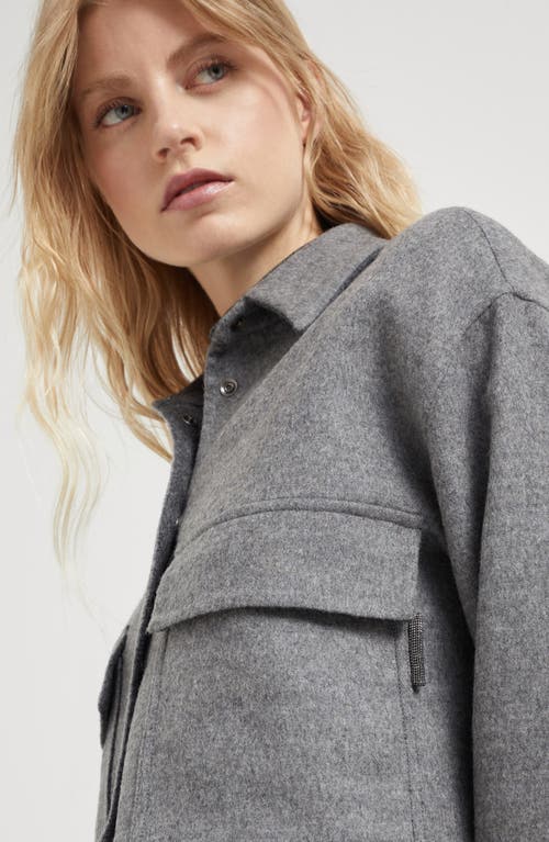 Shop Brunello Cucinelli Virgin Wool Double Cloth Cropped Shirt-style Outerwear Jacket With Shiny Tab In Medium Grey