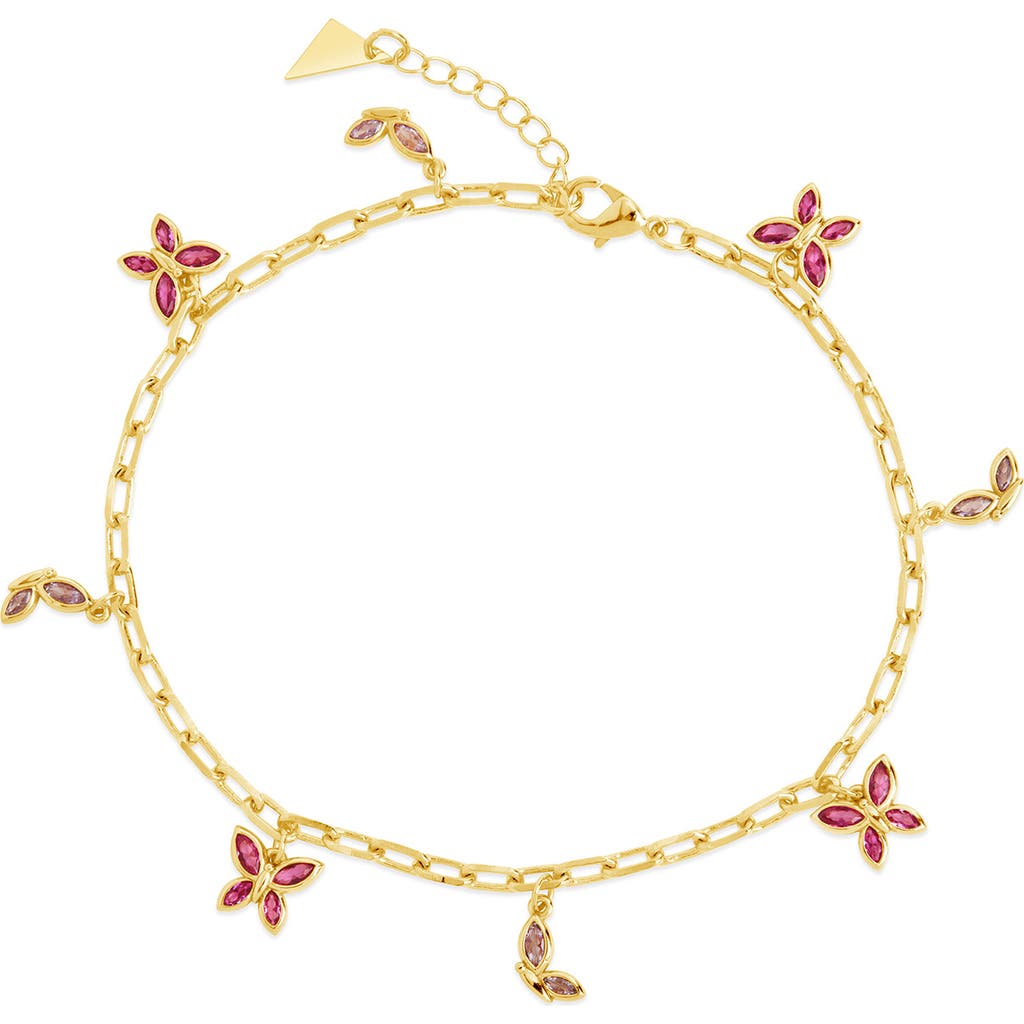Sterling Forever Silver-tone Or Gold-tone Pink Cubic Zirconia Butterfly Charm Caria Anklet In Gold