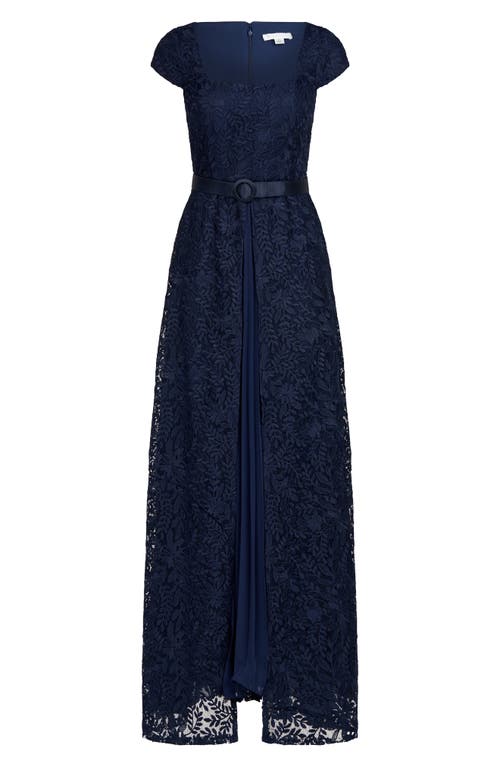 Shop Kay Unger Claudia Belted Pleated Lace Gown In Midnight