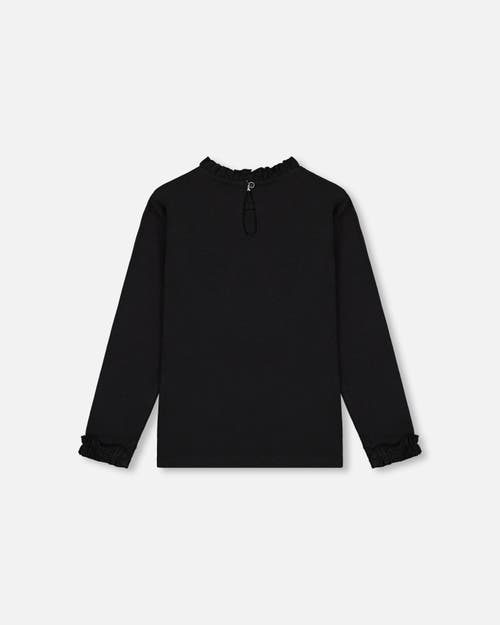 Deux Par Deux Little Girl's T-shirt With Frill And Print Black In Anthracite