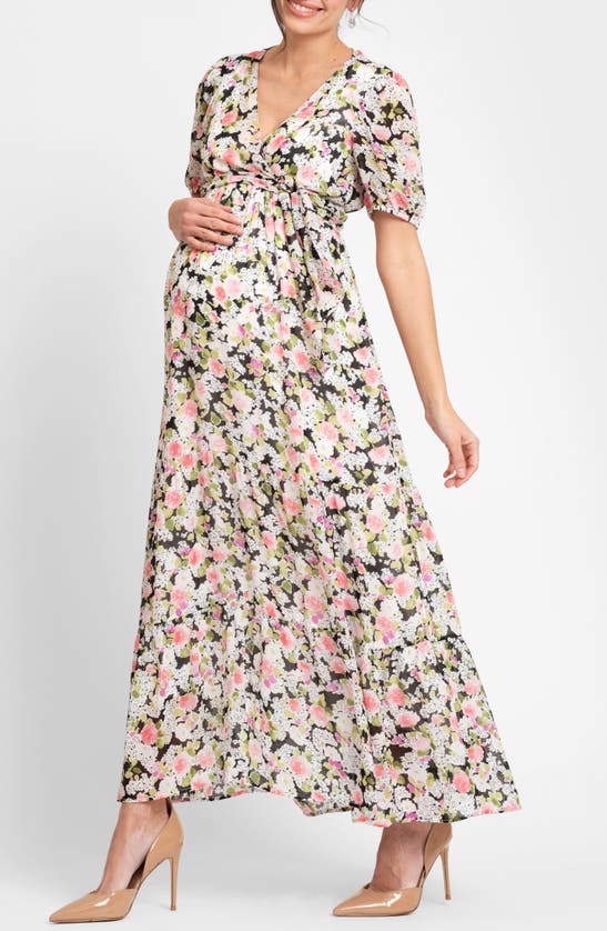Seraphine Floral Maternity/nursing Maxi Dress In Black Floral Multi