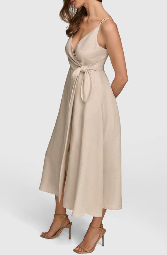 Shop Dkny Faux Wrap Linen Blend Midi Dress In Natural