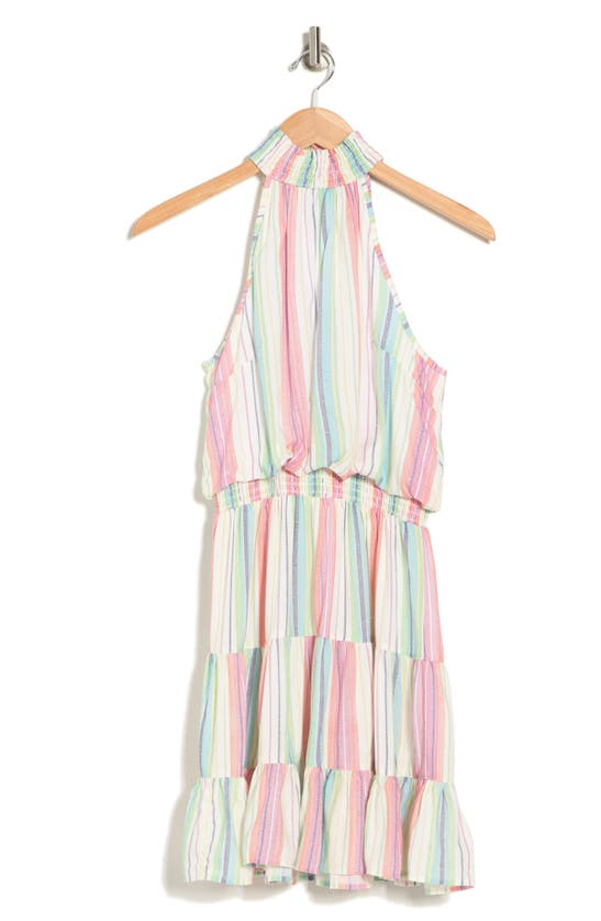 Angie Stripe Halter Neck Tiered Dress In Pink/ White Multi