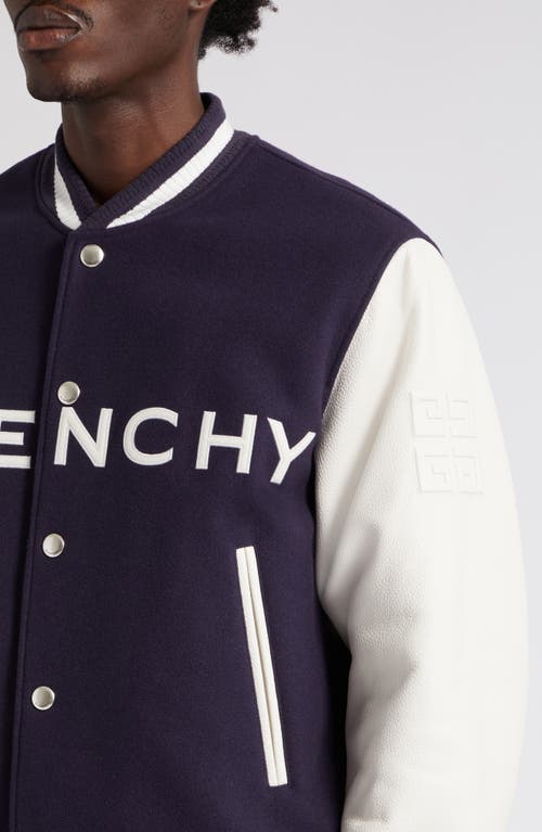 Shop Givenchy Embroidered Logo Mixed Media Leather & Wool Blend Varsity Jacket In Navy/white