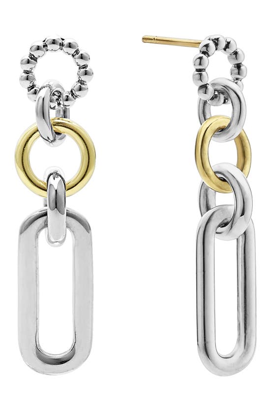 Click to view more detailed imagery on our partner's website Lagos 18k Yellow & Sterling Silver Signature Caviar Link Drop Earrings In Silver/gold