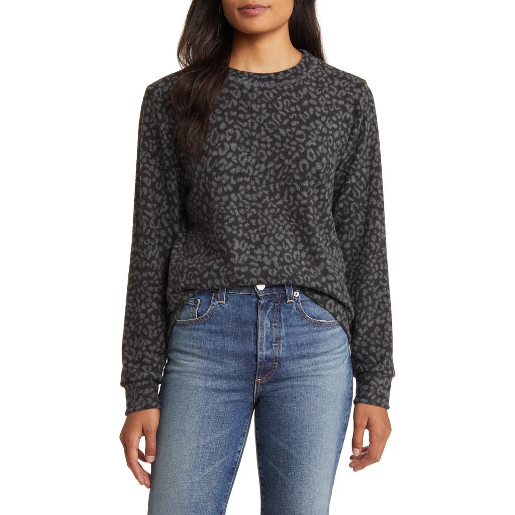 Loveappella Brushed Leopard Print Long Sleeve Crewneck Top In Blue