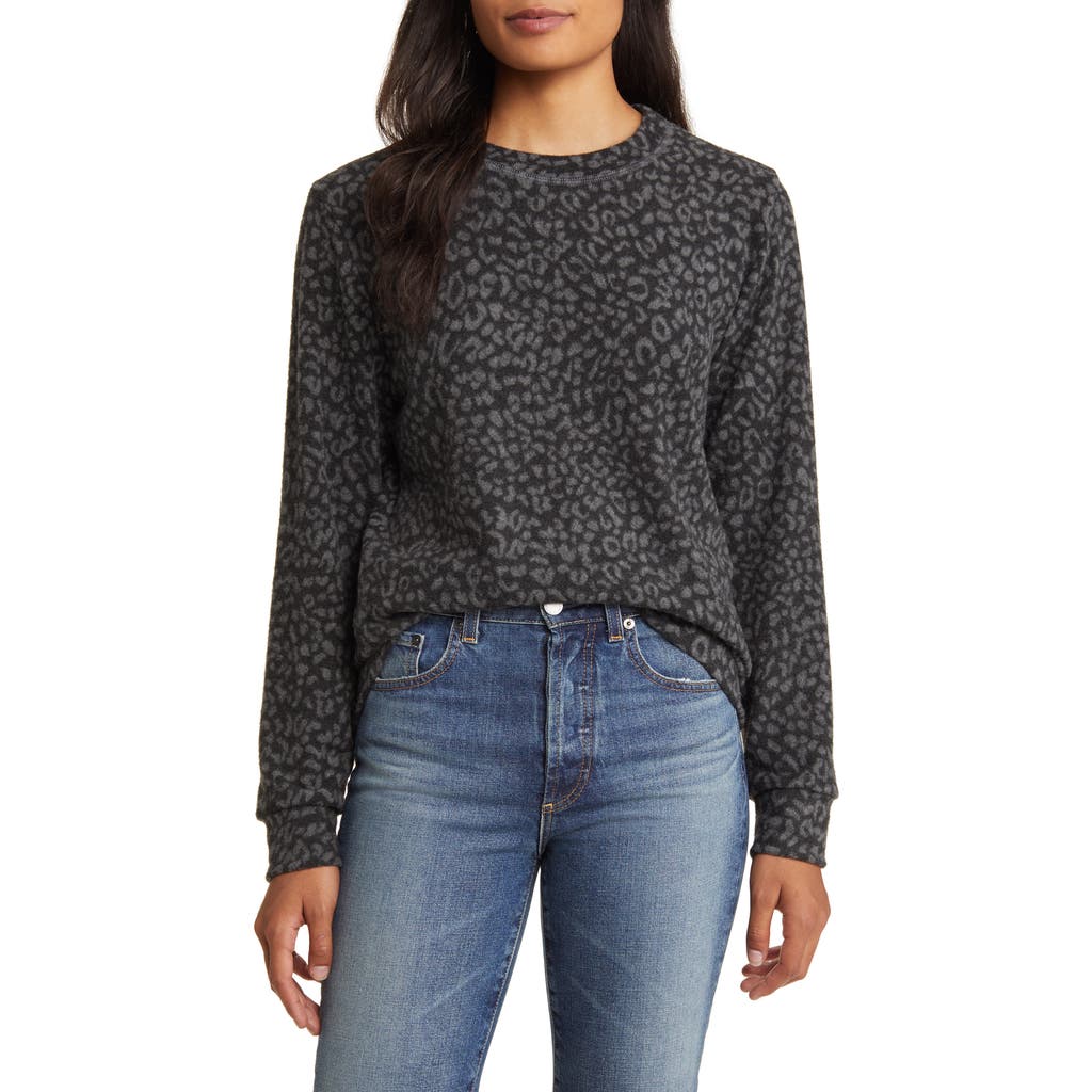 Loveappella Brushed Leopard Print Long Sleeve Crewneck Top In Black/gray