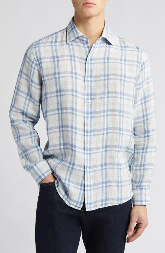 Shop Peter Millar Emil Plaid Linen Button-up Shirt In Blue Frost