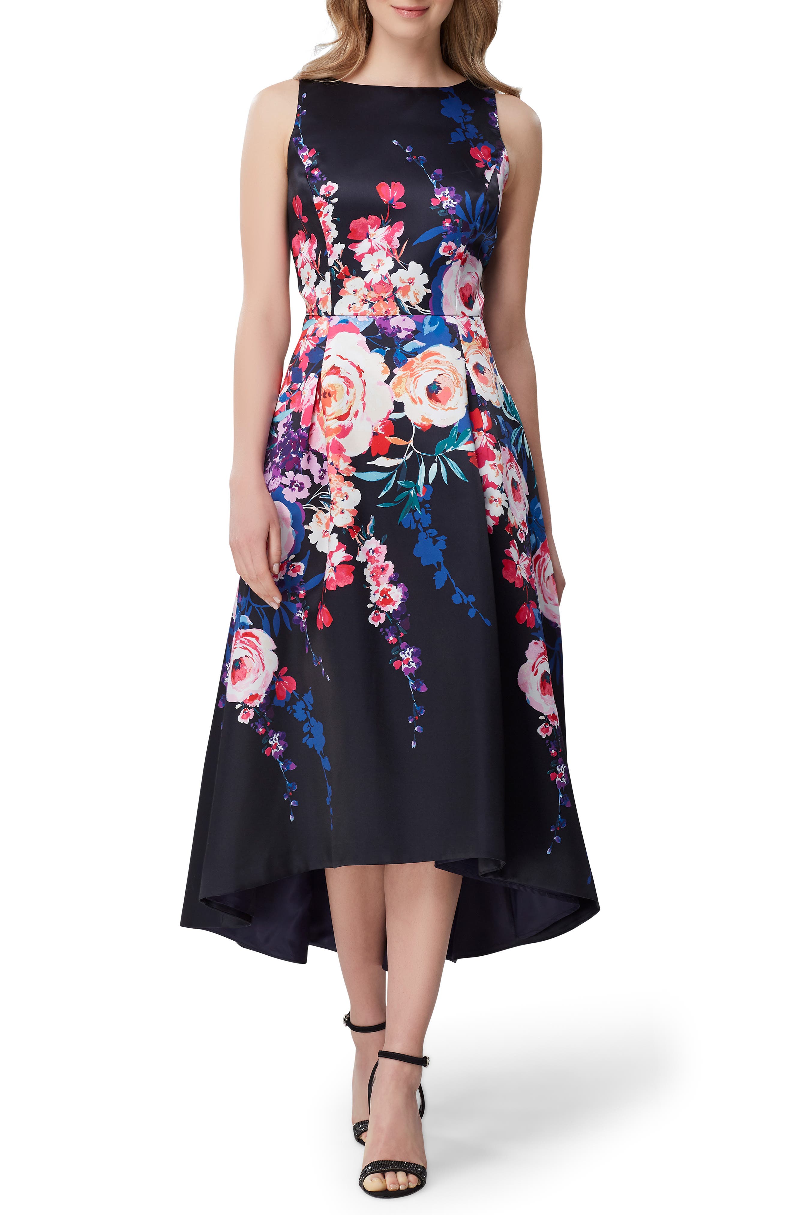 Tahari Sleeveless Printed Mikado Gown, Black