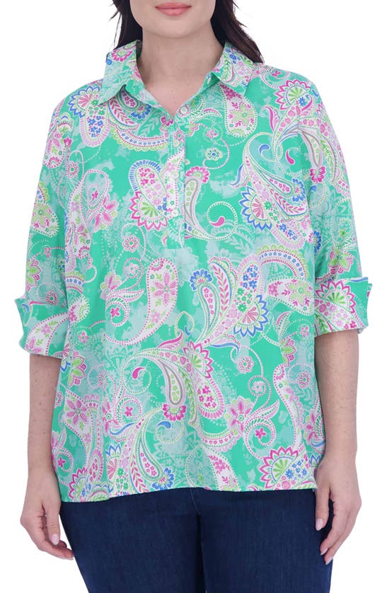 Shop Foxcroft Therese Paisley Cotton Split Back Popover Shirt In Green Multi