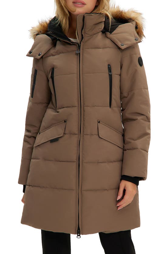 Noize Addie Quilted Faux Fur Trim Hooded Parka In Mocha