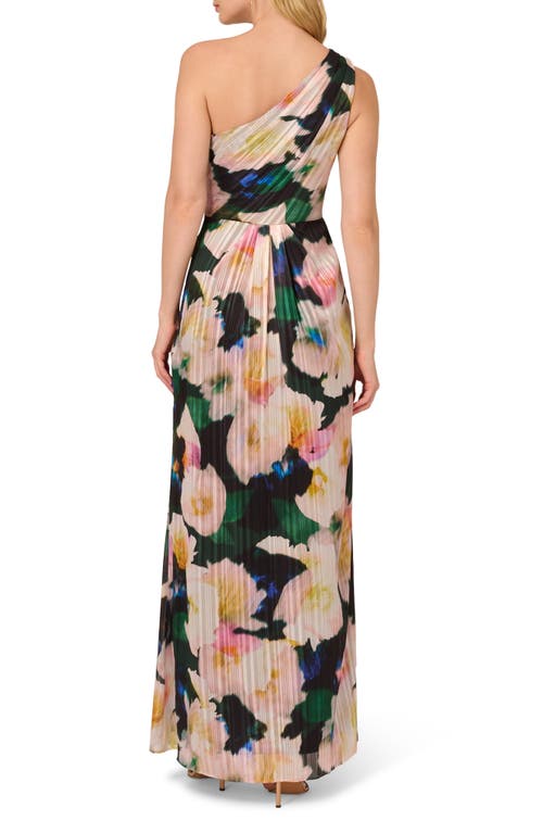 ADRIANNA PAPELL ADRIANNA PAPELL PLEATED FLORAL ONE-SHOULDER CHIFFON GOWN