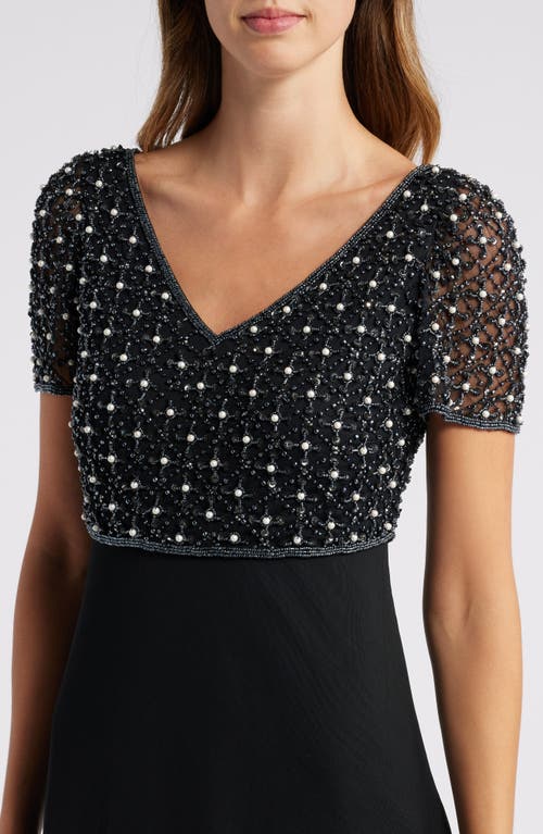 Shop Pisarro Nights Pearly Beaded Short Sleeve A-line Gown In Black