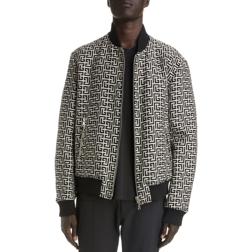 Balmain Monogram-pattern Reversible Bomber Jacket In Ivory/black