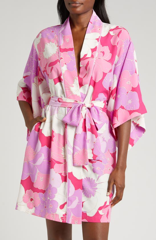 Shop Natori Croisette Floral Matte Satin Robe In Pink