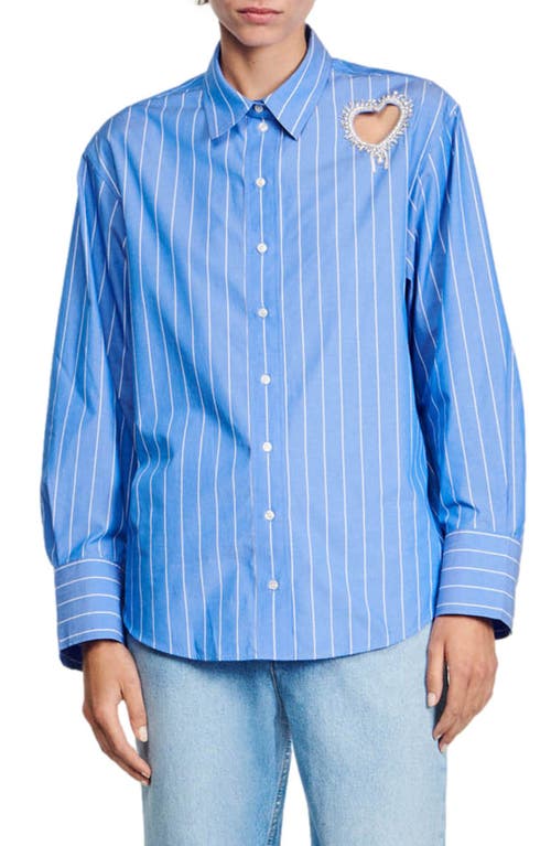 sandro Lovely Heart Cutout Stripe Button-Up Shirt Sky Blue at Nordstrom,