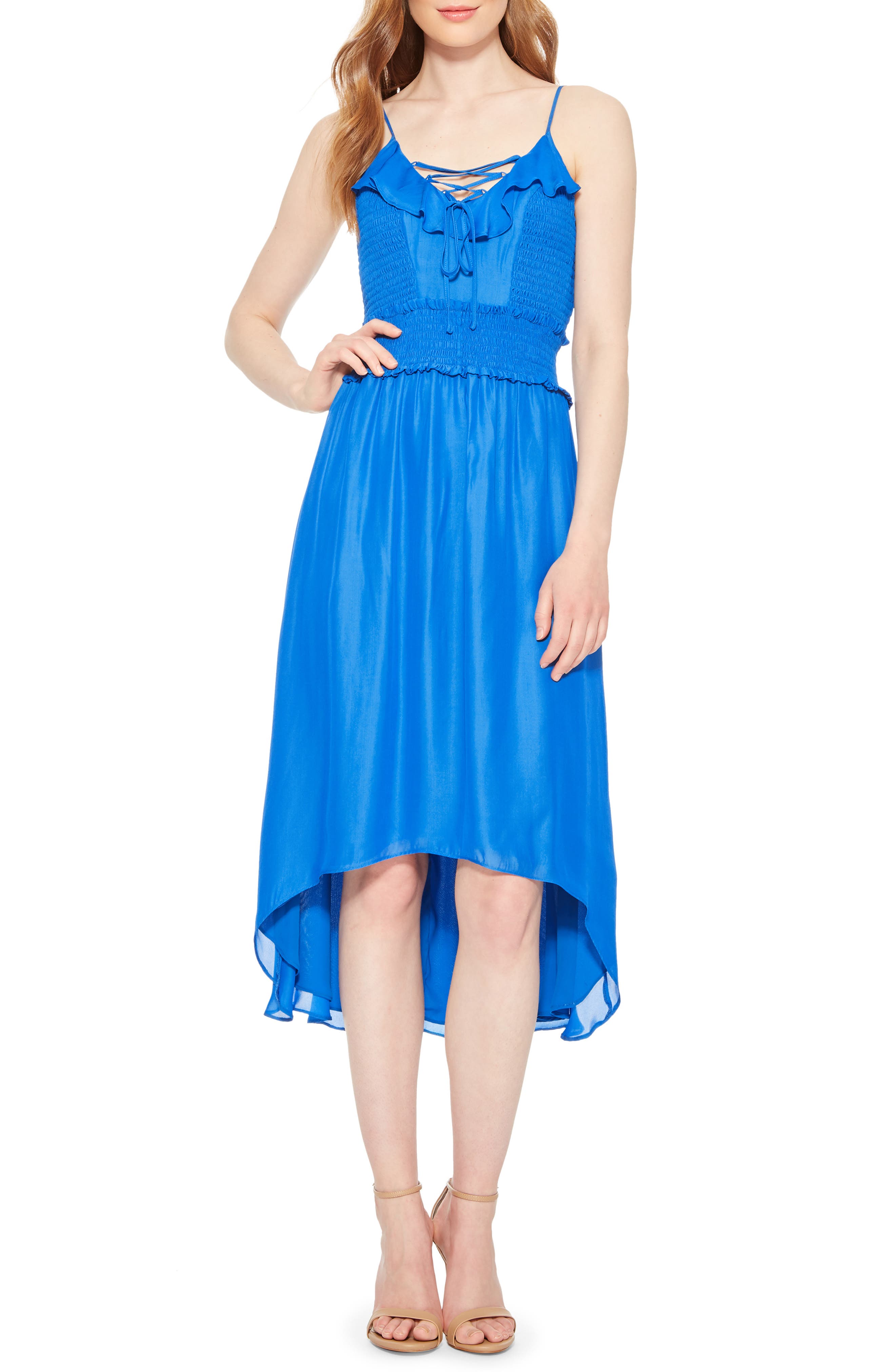 Parker Malta Smocked Silk Blend High/low Dress, Blue