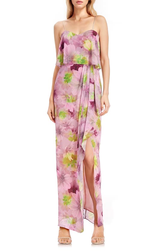 Shop Jewel Badgley Mischka Floral Popover Strapless Gown In Pink Multi