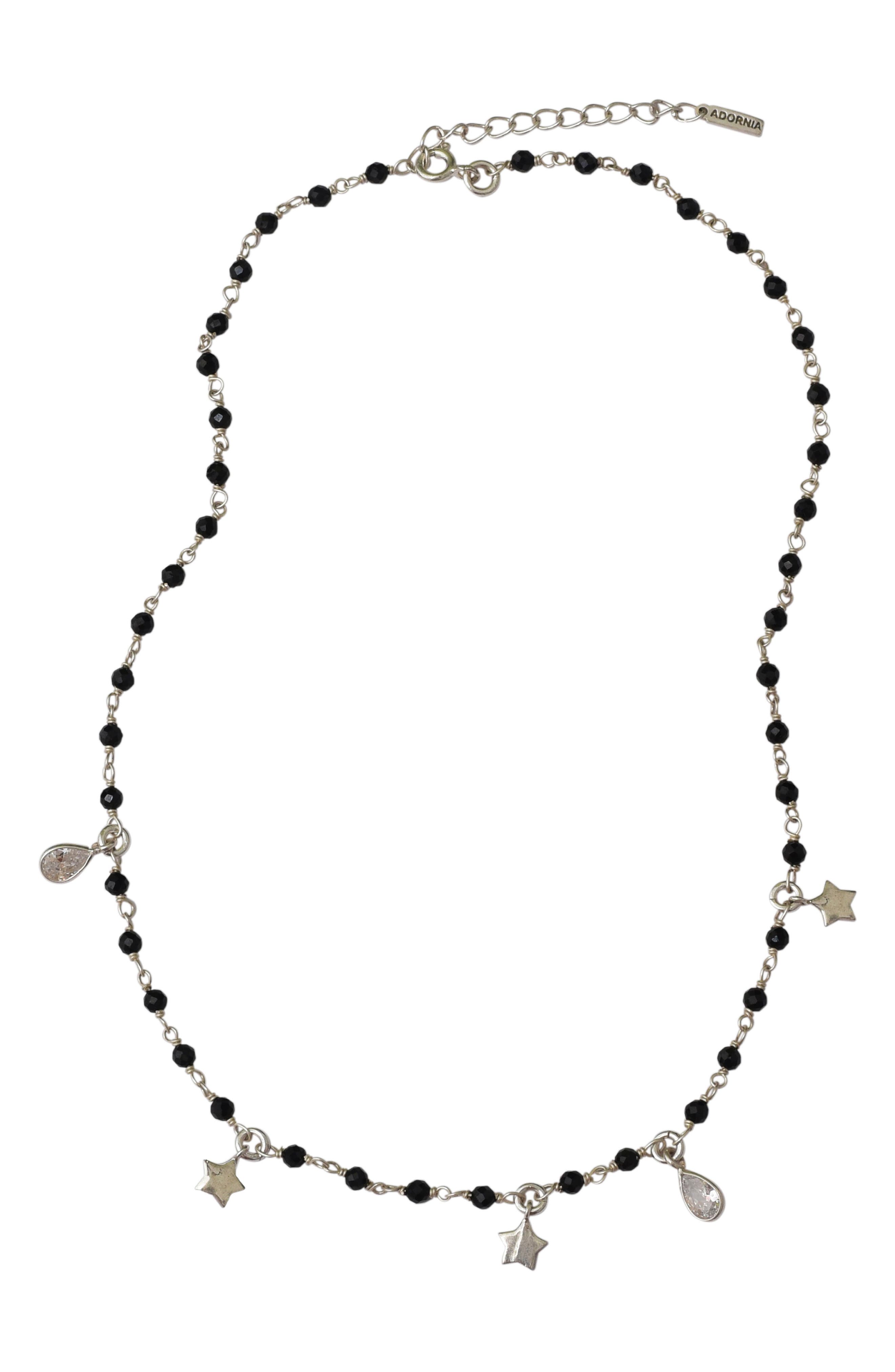 Adornia White Rhodium Plated Sterling Silver Black Spinel Beaded Star & Crystal Charm Rosary Necklace