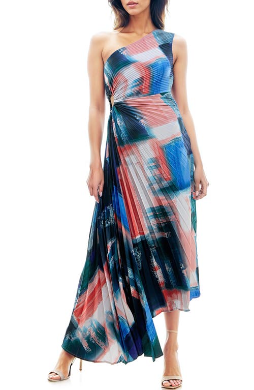 Shop Socialite Print Asymmetric Hem Pleated Maxi Dress In Navy Abstract Colorblock