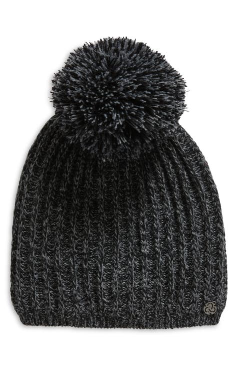 100% Merino Wool Luxury Knit Folded Brim Beanie with Faux Fur Pom Pom | Heavyweight Warm Wool Hat | Black | Double Foldover Brim Hat
