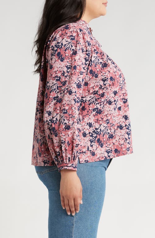 Shop Caslonr Caslon(r) Floral Cotton Split Neck Top In Navy- Pink Shadow Floral