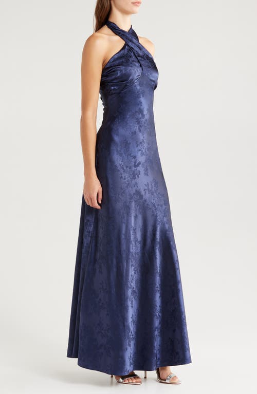 Lulus Classy Personality Navy Blue Satin Jacquard Halter Maxi Dress In Navy