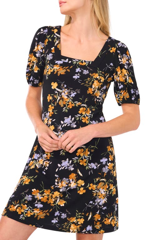Cece Floral Square Neck Crepe Knit Dress In Rich Black