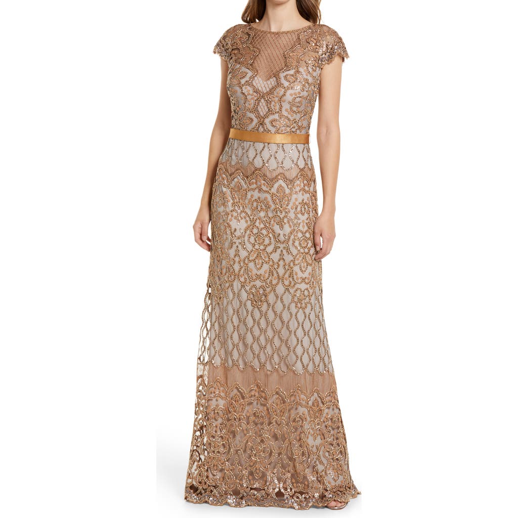 Tadashi Shoji Sequin Illusion Lace Gown in Copper/shadow