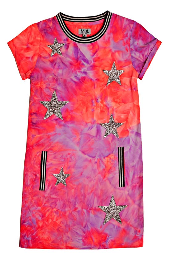 Shop Mia New York Kids' Star Accent T-shirt Dress In Red/ Purple/ Pink Tie Dye