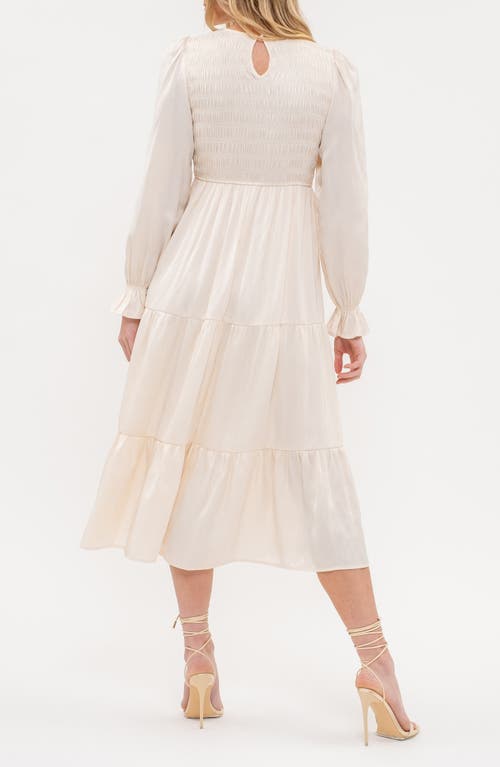 Shop August Sky Satin Smocked Long Sleeve Dress In Champagne