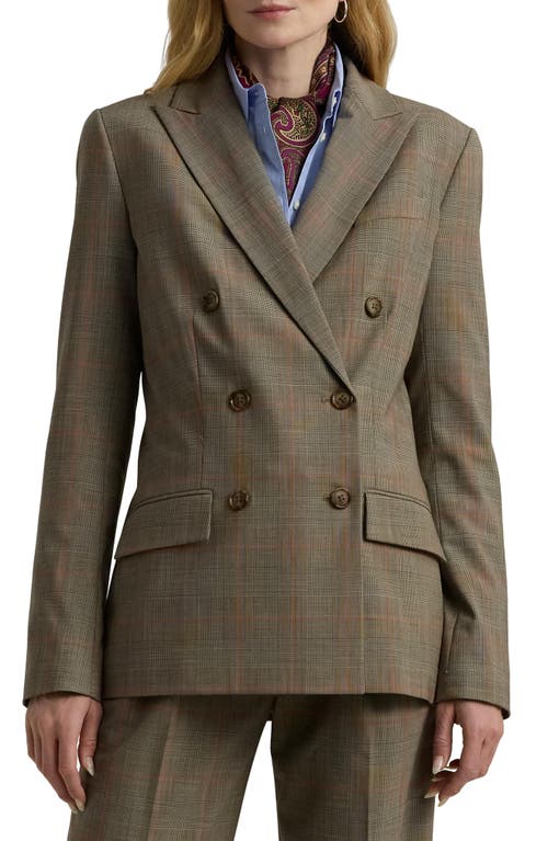 Shop Lauren Ralph Lauren Glen Check Double Breasted Wool Blazer In Brown Multi