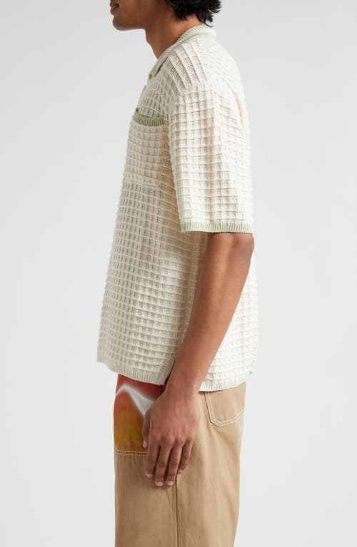 Shop The Elder Statesman Scally Waffle Knit Polo Sweater In Ivory/wasabi