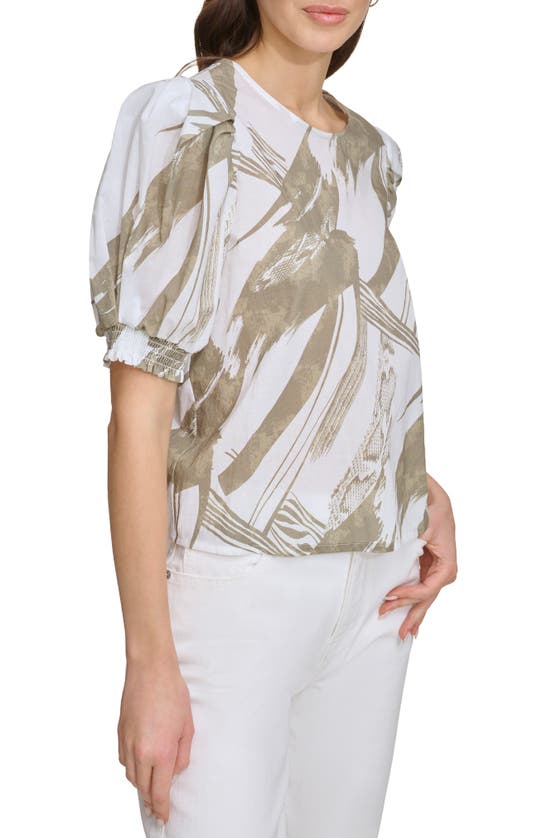 Shop Dkny Abstract Print Puff Sleeve Voile Top In Abs Brshstk/ Lt Fat