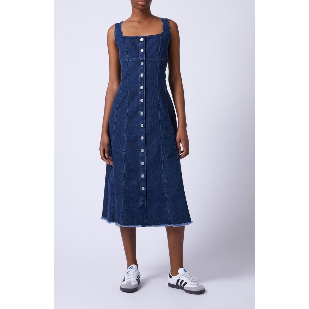 French Connection Arywode Sleeveless Fray Hem Denim Midi Dress In Mid Wash