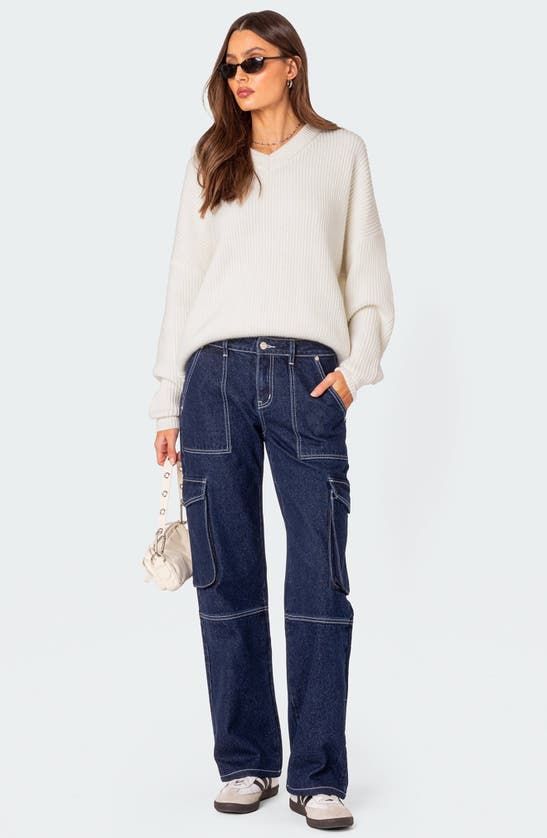 Edikted Alyssa Contrast Stitch Wide Leg Cargo Jeans In Blue