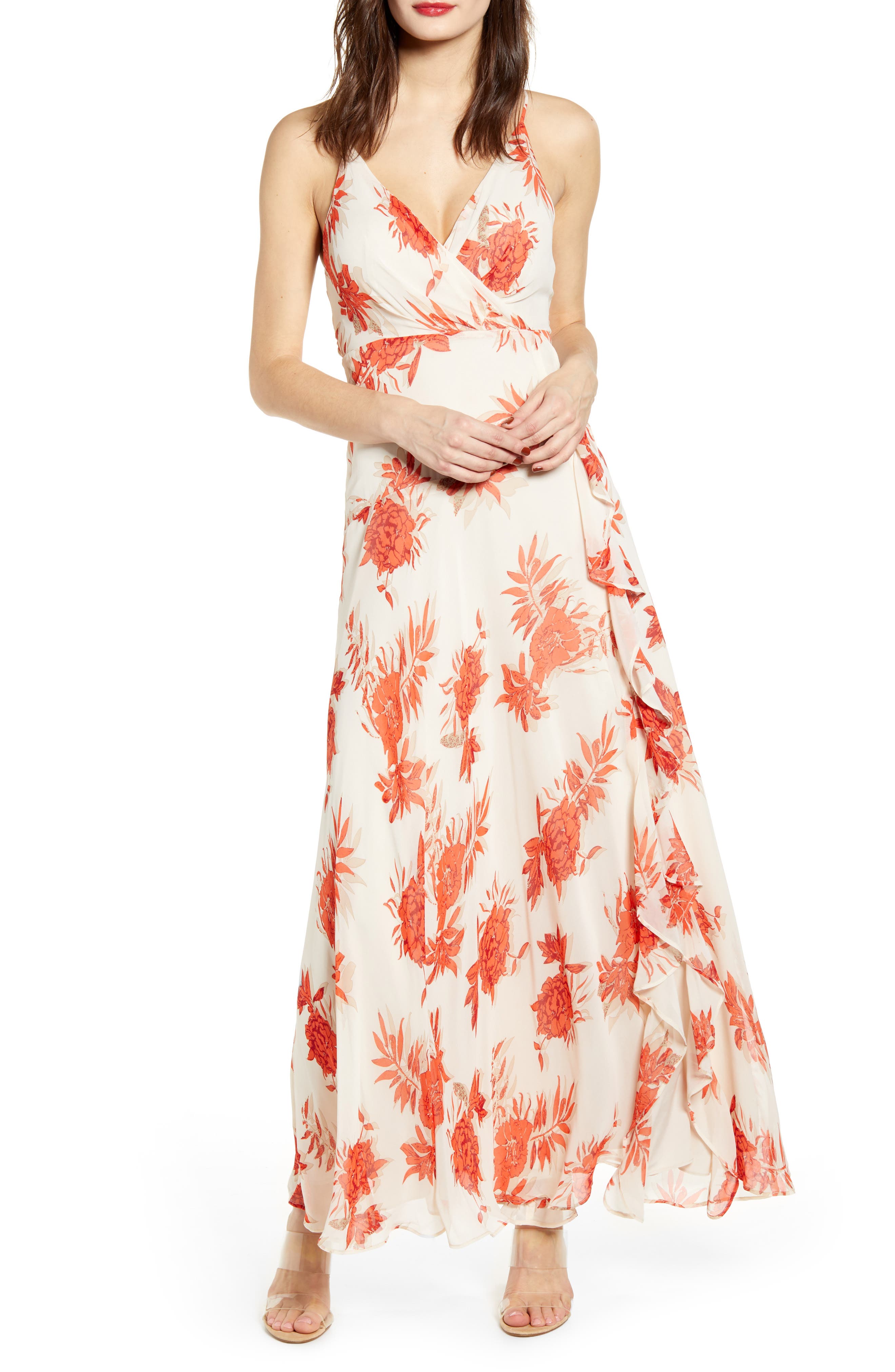 Astr The Label Floral Ruffle Detail Maxi Dress, Red