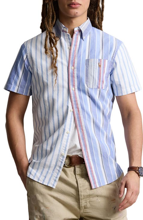 Classic Fit Mixed Stripe Oxford Short Sleeve Button-Down Shirt