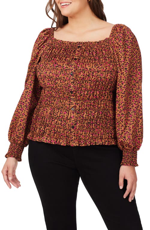 Shop Foxcroft Olivia Cheetah Print Smocked Top In Black/orange Multi